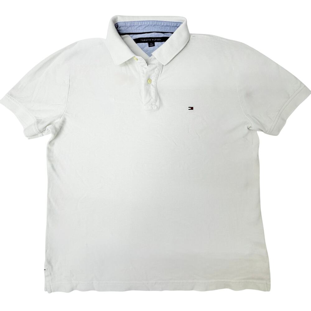 Tommy Hilfiger Polo Shirt Men’s Large White Short Sleeve Flag Logo Classic